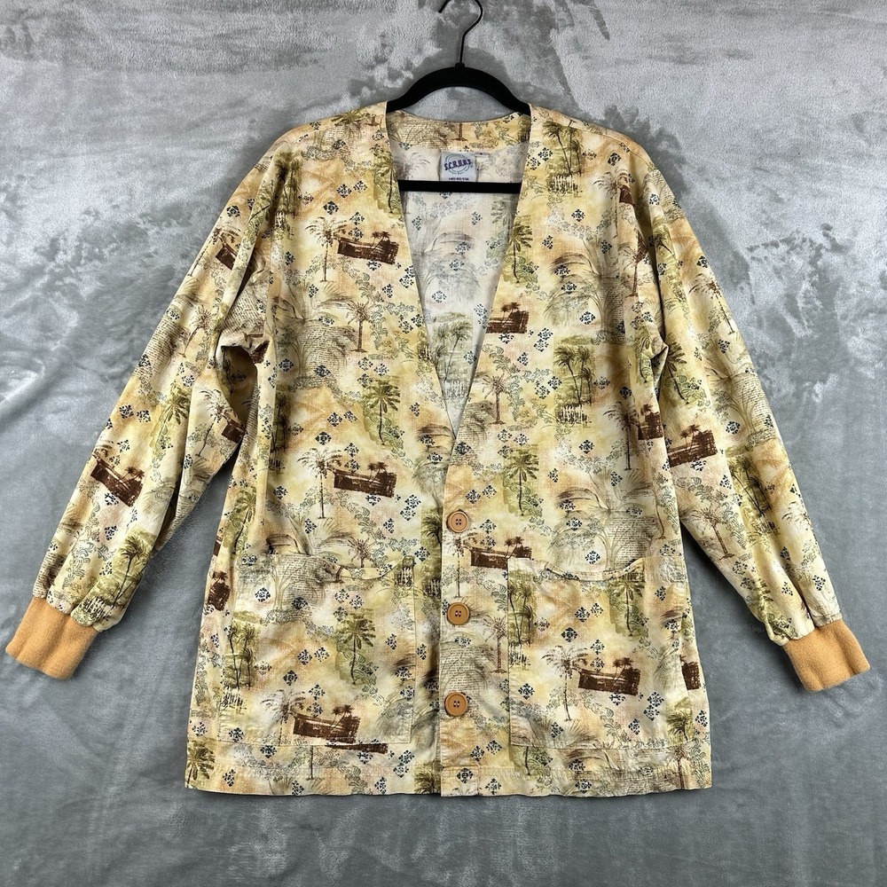 S.C.R.U.B.S. Scrub V-Neck Top Women's S Tan Green Palm Trees Long Sleeve Bamboo